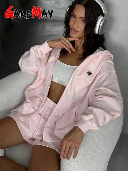 Women's Summer Tracksuit with Shorts Zipper Cotton Oversize Top and Shorts Two Piece Set Casual Sports Yellow Suit for Women