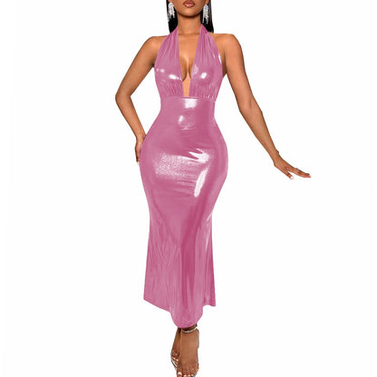 Plus Size Liquid Metallic Halter Dress Ladies Deep V-neck Club Beach Long Dresses Sexy Off-shoulder Backless Suspender Robes