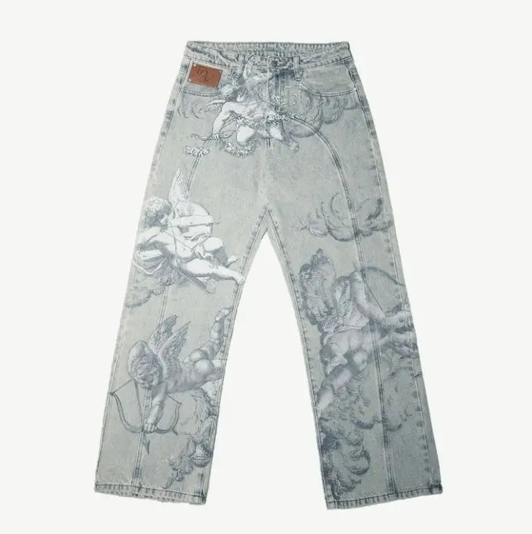 2024 New American Trend Retro Hip-hop Embroidery Pattern Baggy Jeans For Men And Women Y2K Harajuku Gothic Wide Pants Streetwear