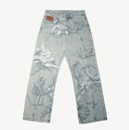2024 New American Trend Retro Hip-hop Embroidery Pattern Baggy Jeans For Men And Women Y2K Harajuku Gothic Wide Pants Streetwear