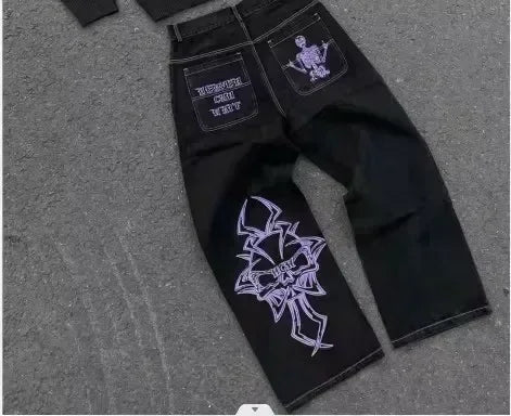 American Vintage Y2K Rhinestone Wing Embroidered Jeans Womens Blue Low Rise Flared Denim Pants with Studded Pockets Streetwear