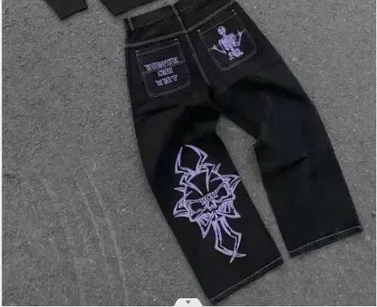 American Vintage Y2K Rhinestone Wing Embroidered Jeans Womens Blue Low Rise Flared Denim Pants with Studded Pockets Streetwear