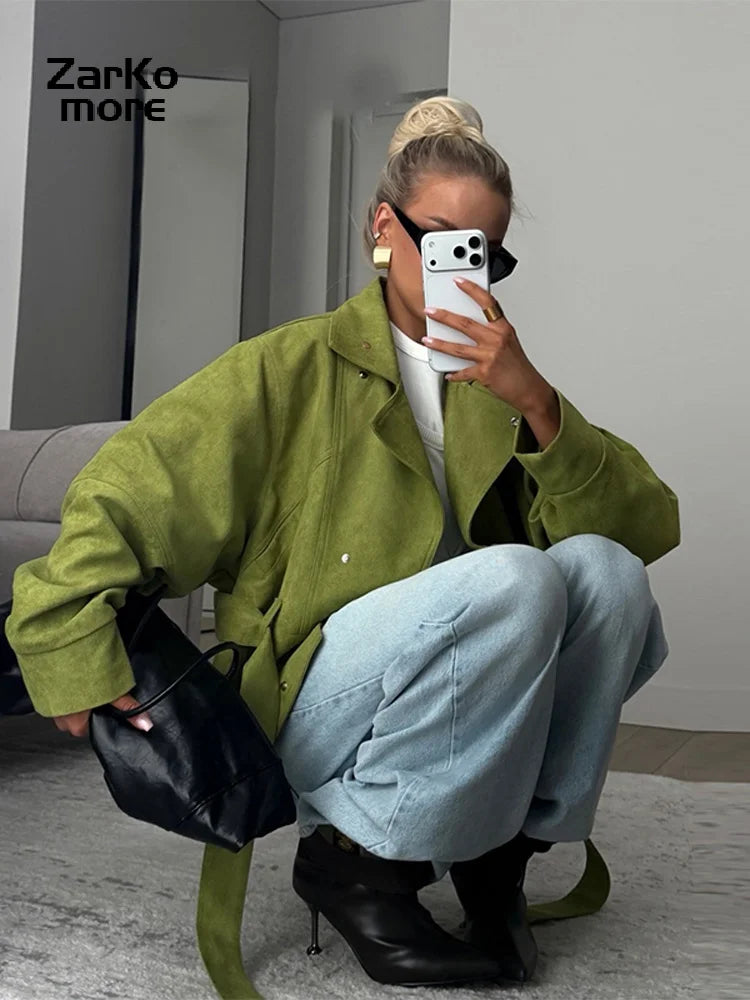 Vintage Women's Suede Jacket Lace Up Lapel Button Loose Long Sleeve Thick Female Coat 2026 Spring Autumn Lady Street Outwear New