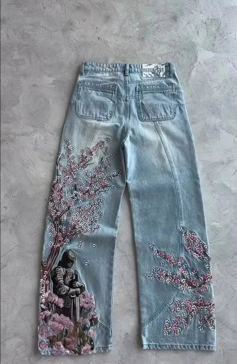 2024 New American Trend Retro Hip-hop Embroidery Pattern Baggy Jeans For Men And Women Y2K Harajuku Gothic Wide Pants Streetwear